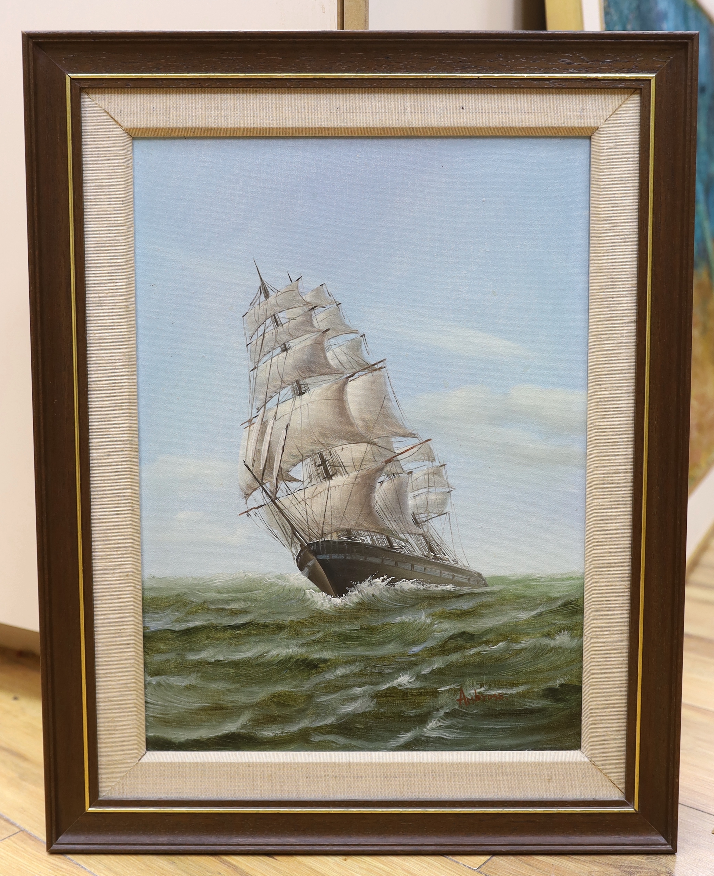 Ambrose, oil on canvas, Clipper ship at sea, signed, 40 x 29cm